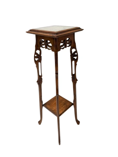 Art Nouveau Pedestal Plant Stand, Hand-Carved Beech & Marble, 1900s